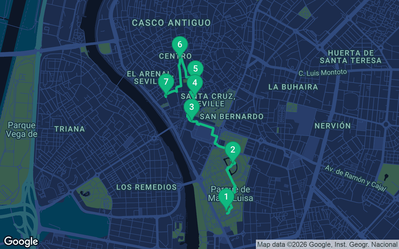 Map of the walking route through Seville, Spain