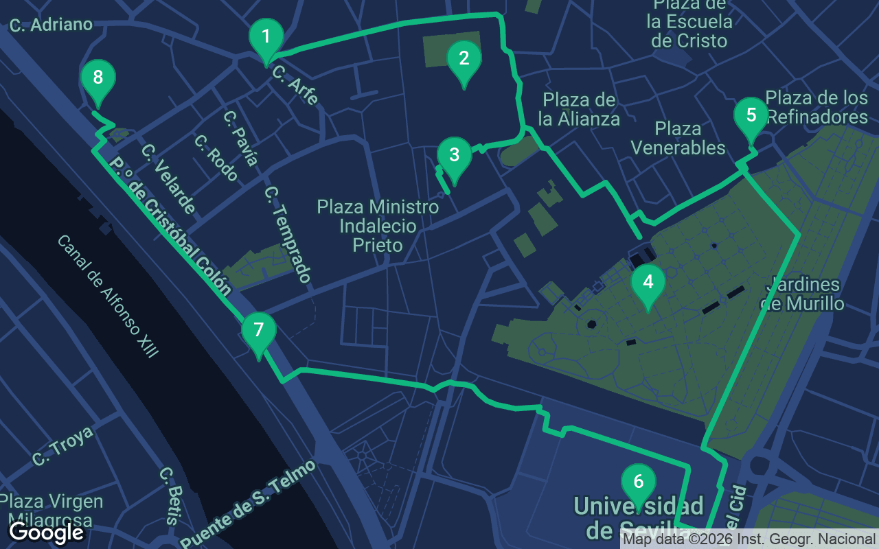Map of the walking route through Seville, Spain