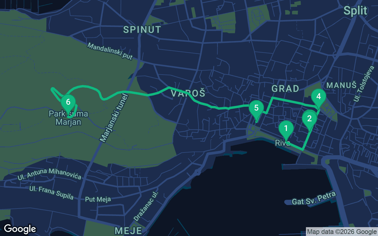 Map of the walking route through Split, Croatia