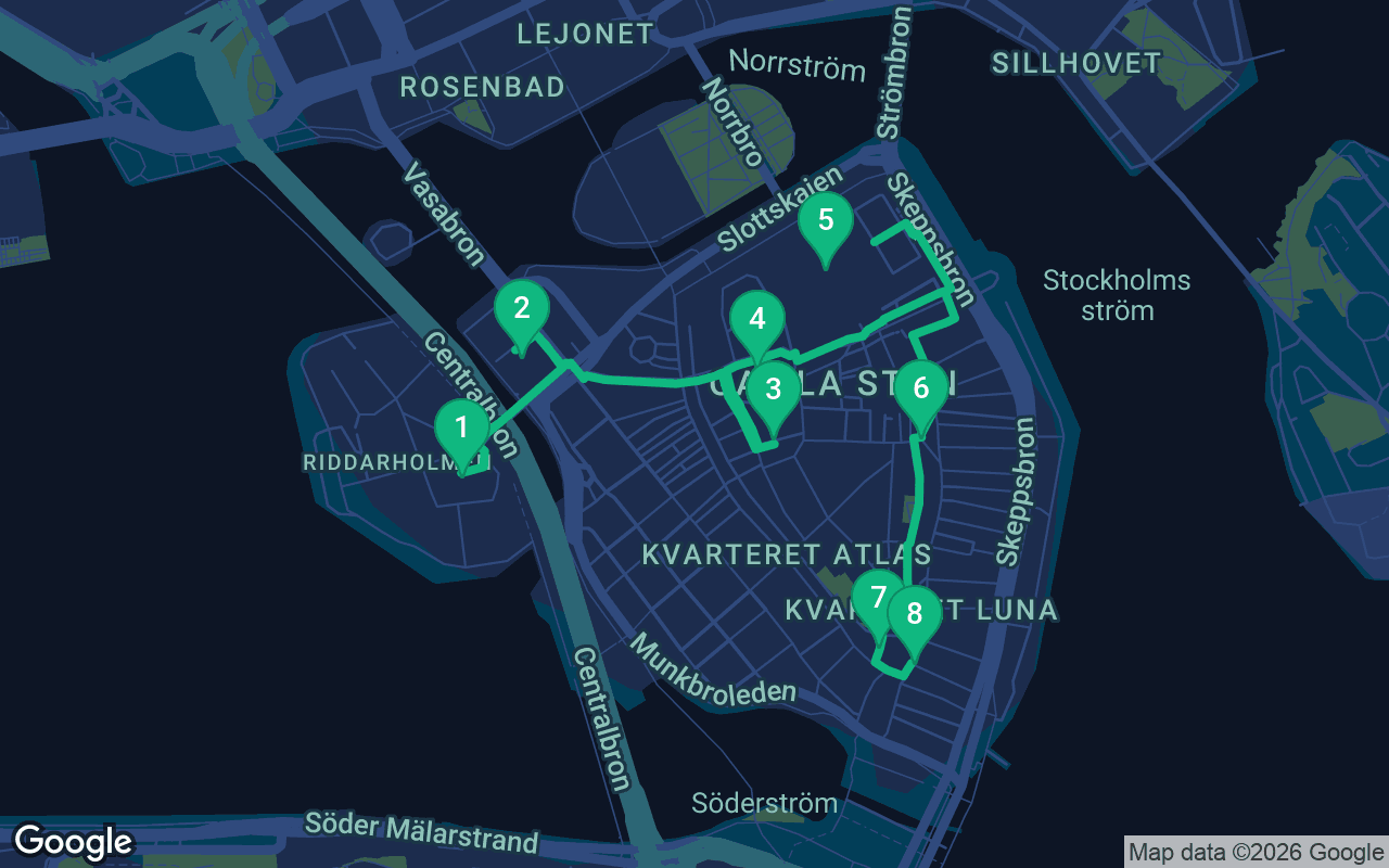 Map of the walking route through Stockholm, Sweden