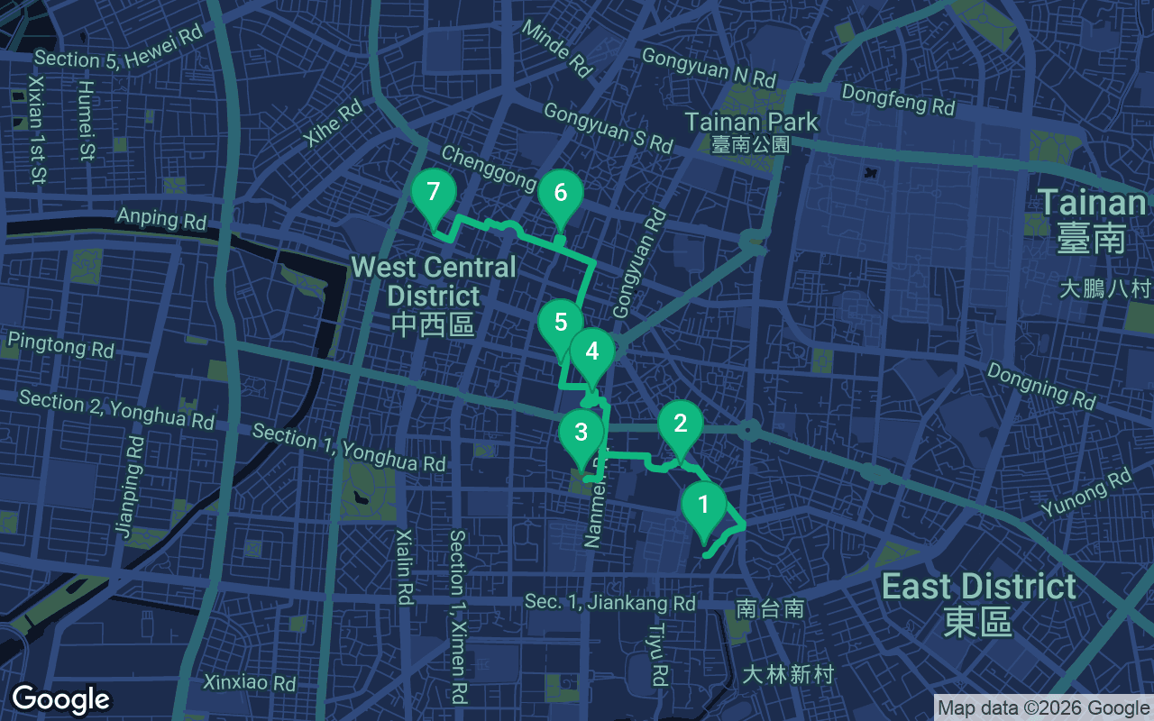 Map of the walking route through Tainan, Taiwan