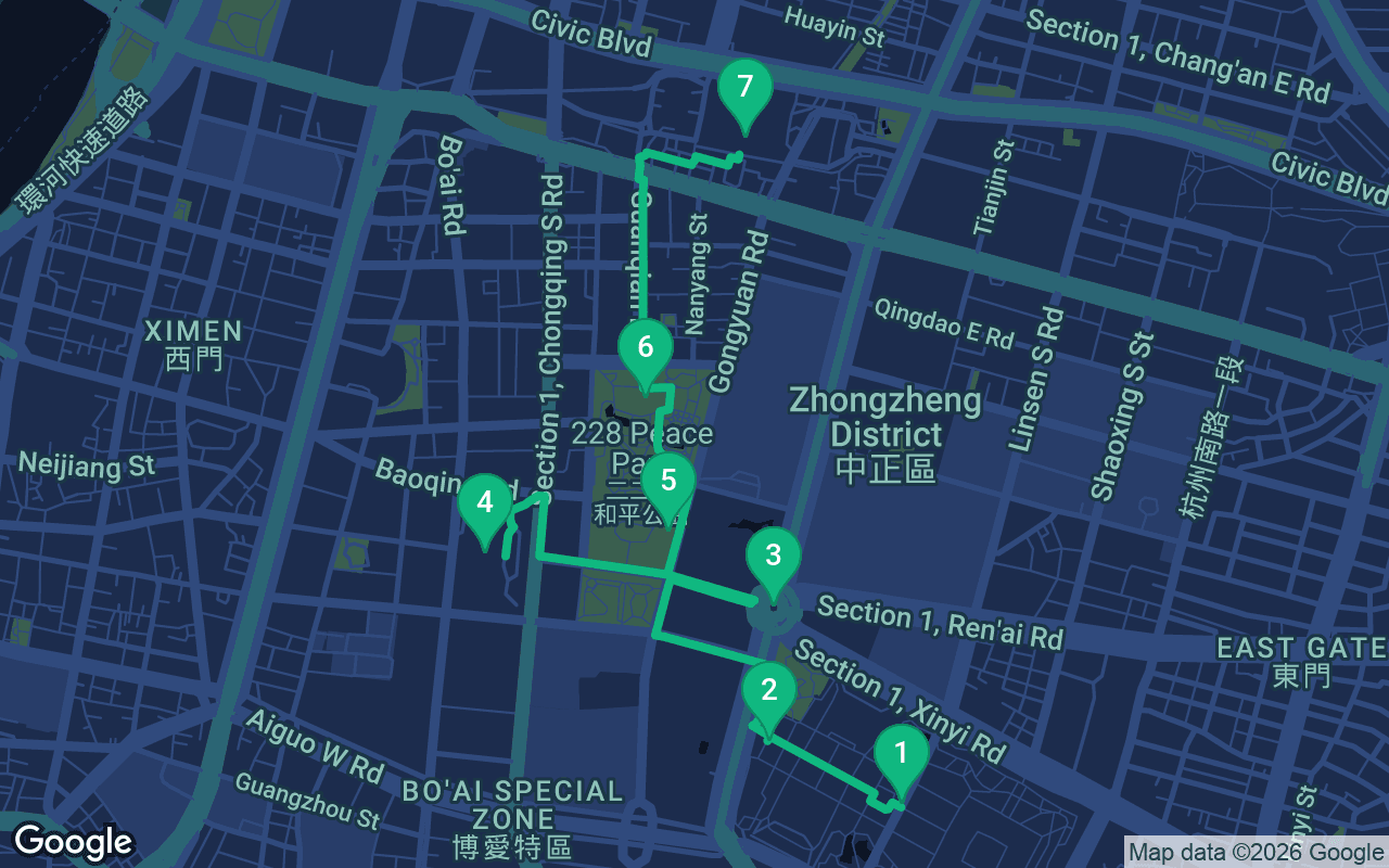 Map of the walking route through Taipei, Taiwan