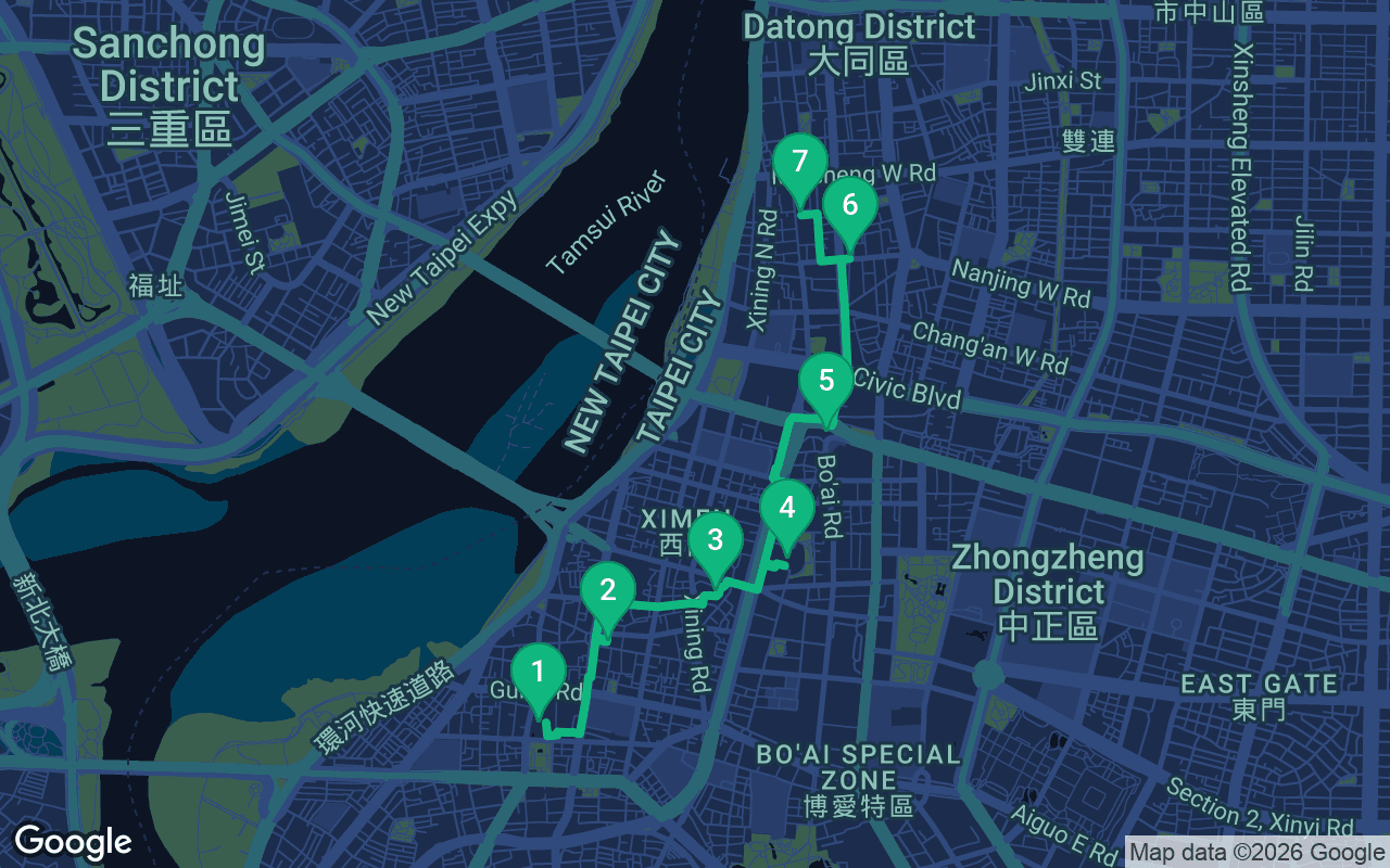 Karte der Spazierroute durch Taipei, Taiwan