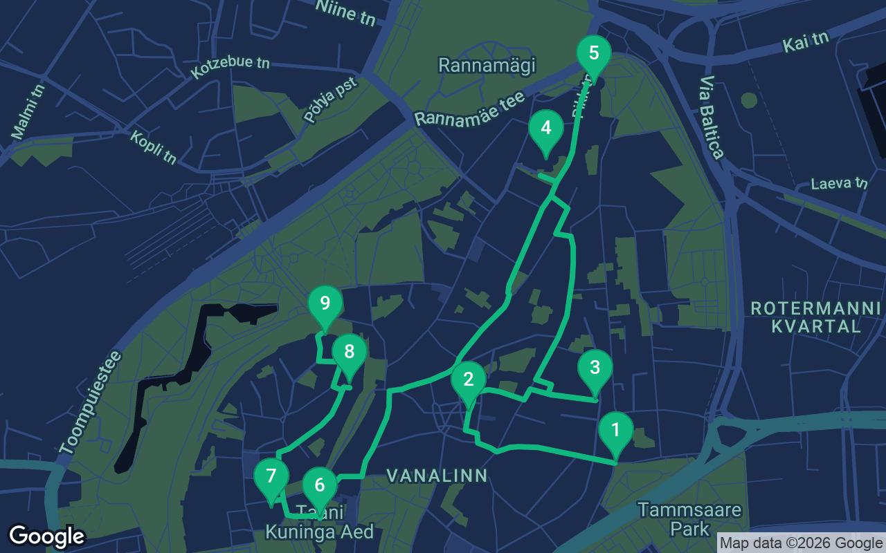 Map of the walking route through Tallinn, Estonia