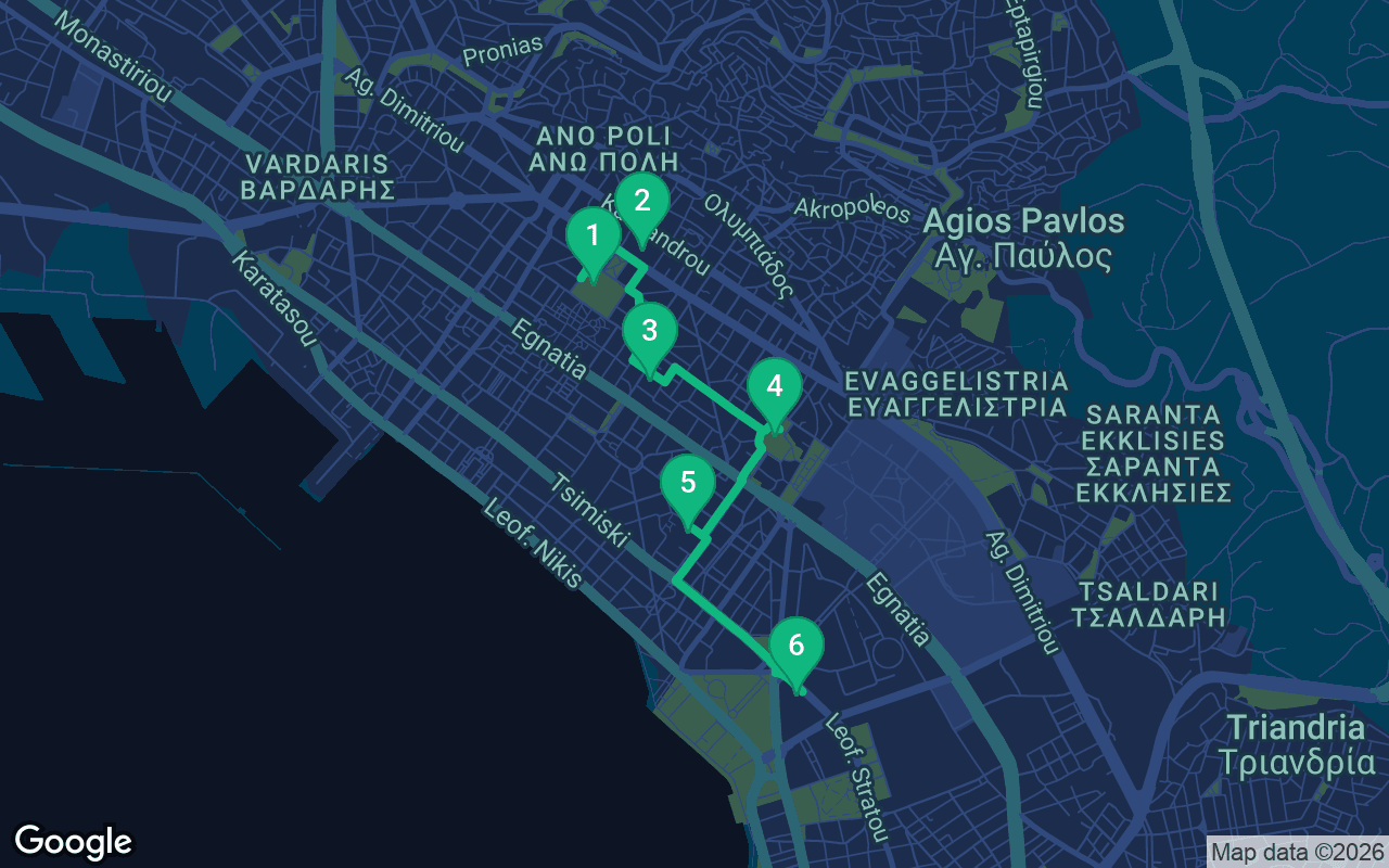Map of the walking route through Thessaloniki, Greece