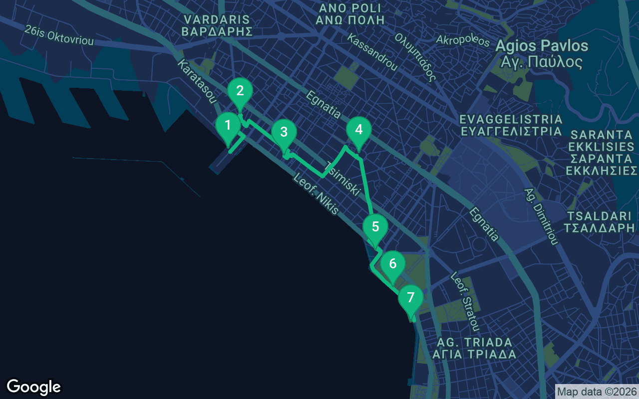 Map of the walking route through Thessaloniki, Greece