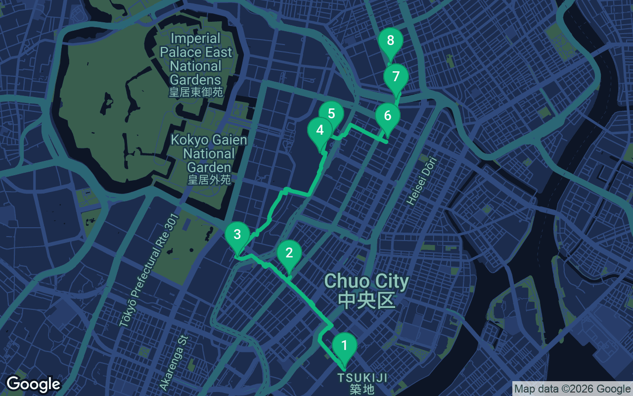 Map of the walking route through Tokyo, Japan