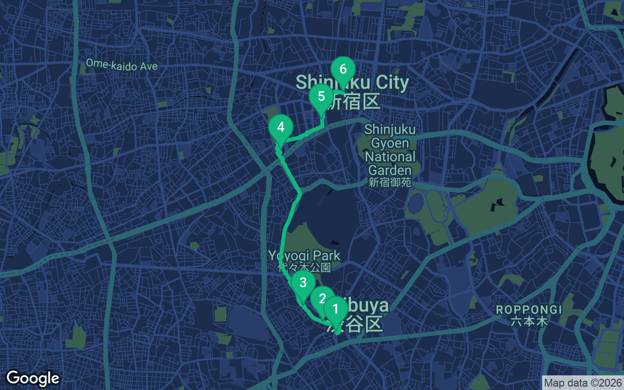 Map of the walking route through Tokyo, Japan