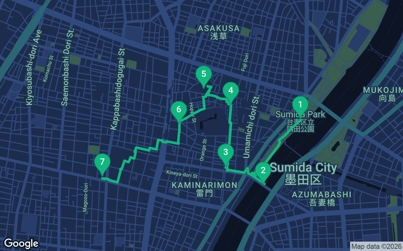 Karte der Spazierroute durch Tokyo, Japan