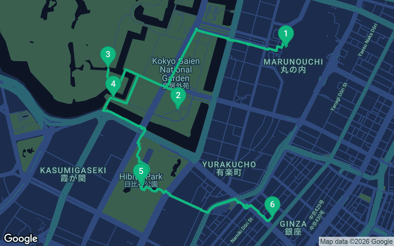 Map of the walking route through Tokyo, Japan