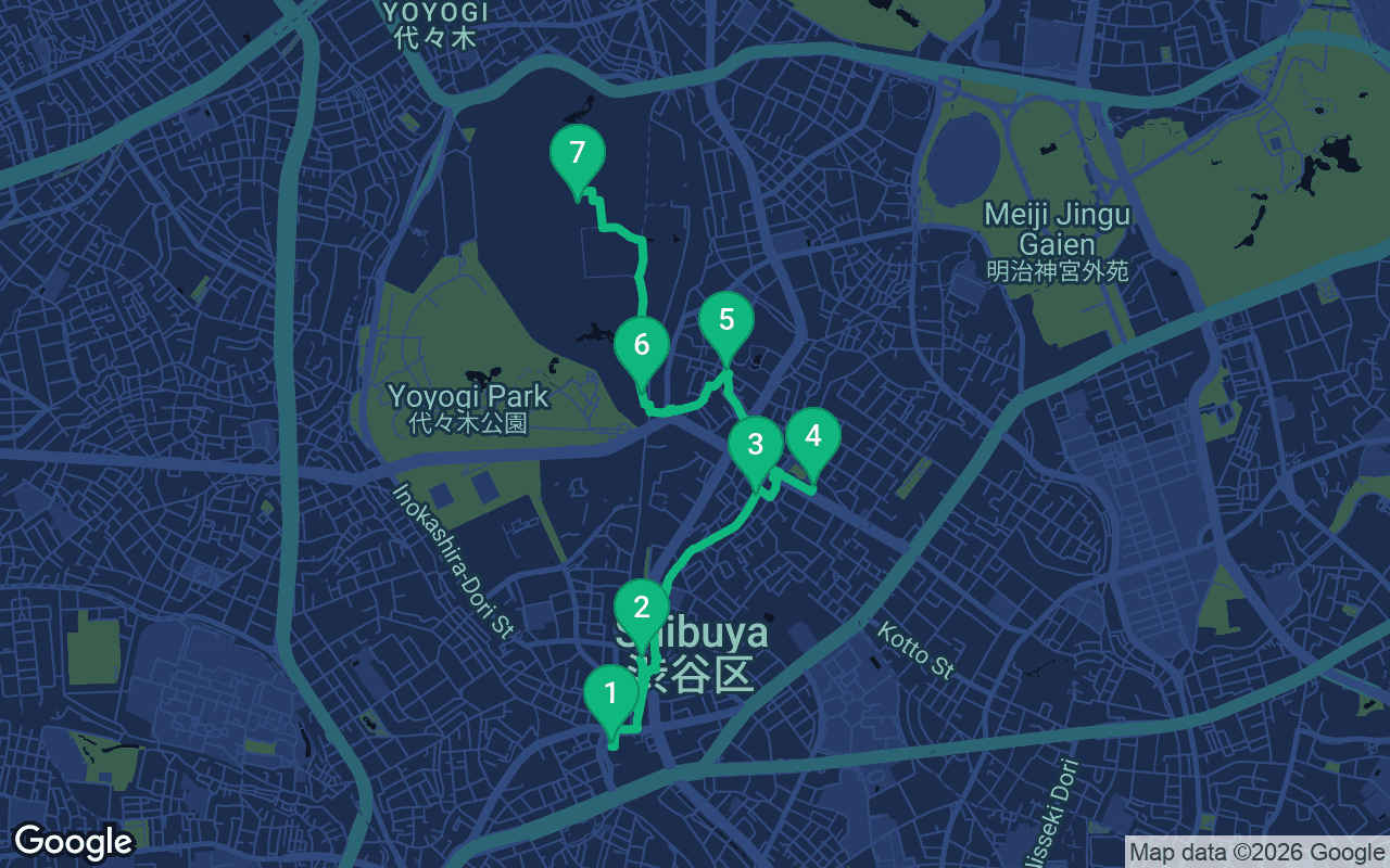 Map of the walking route through Tokyo, Japan