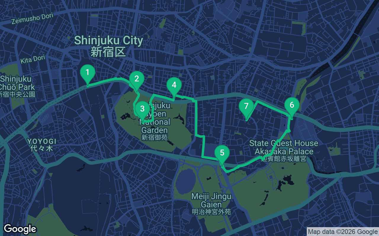 Map of the walking route through Tokyo, Japan