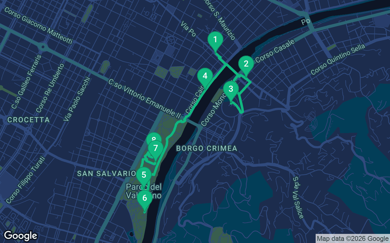 Map of the walking route through Turin, Italy
