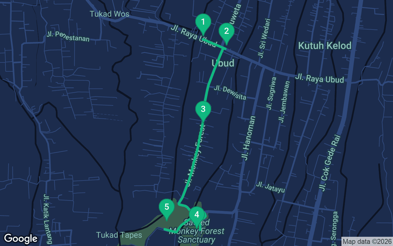 Map of the walking route through Ubud, Indonesia
