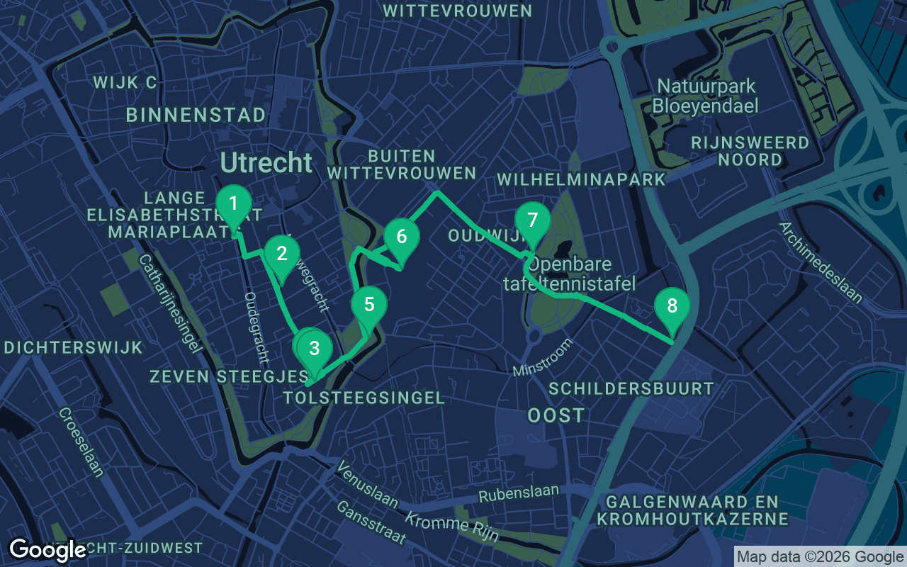 Map of the walking route through Utrecht, Netherlands