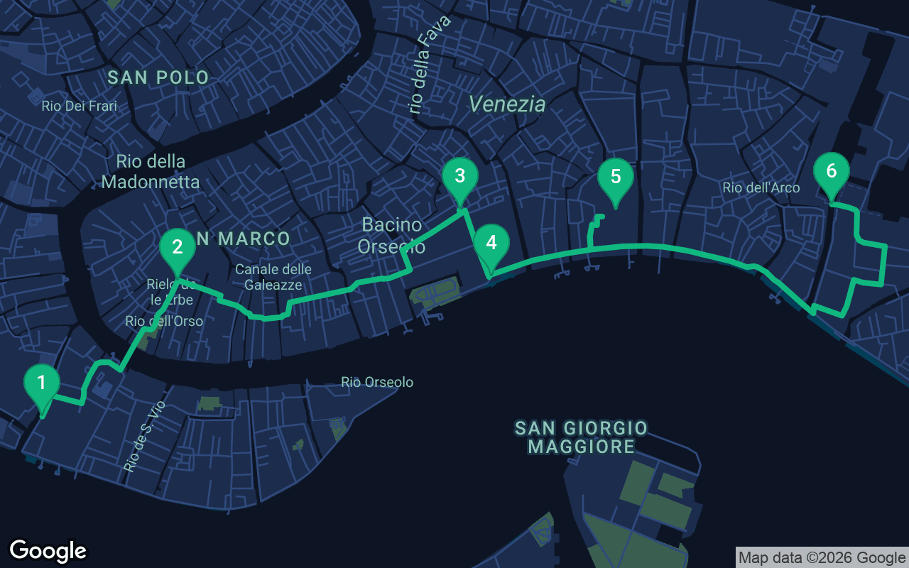 Map of the walking route through Venice, Italy