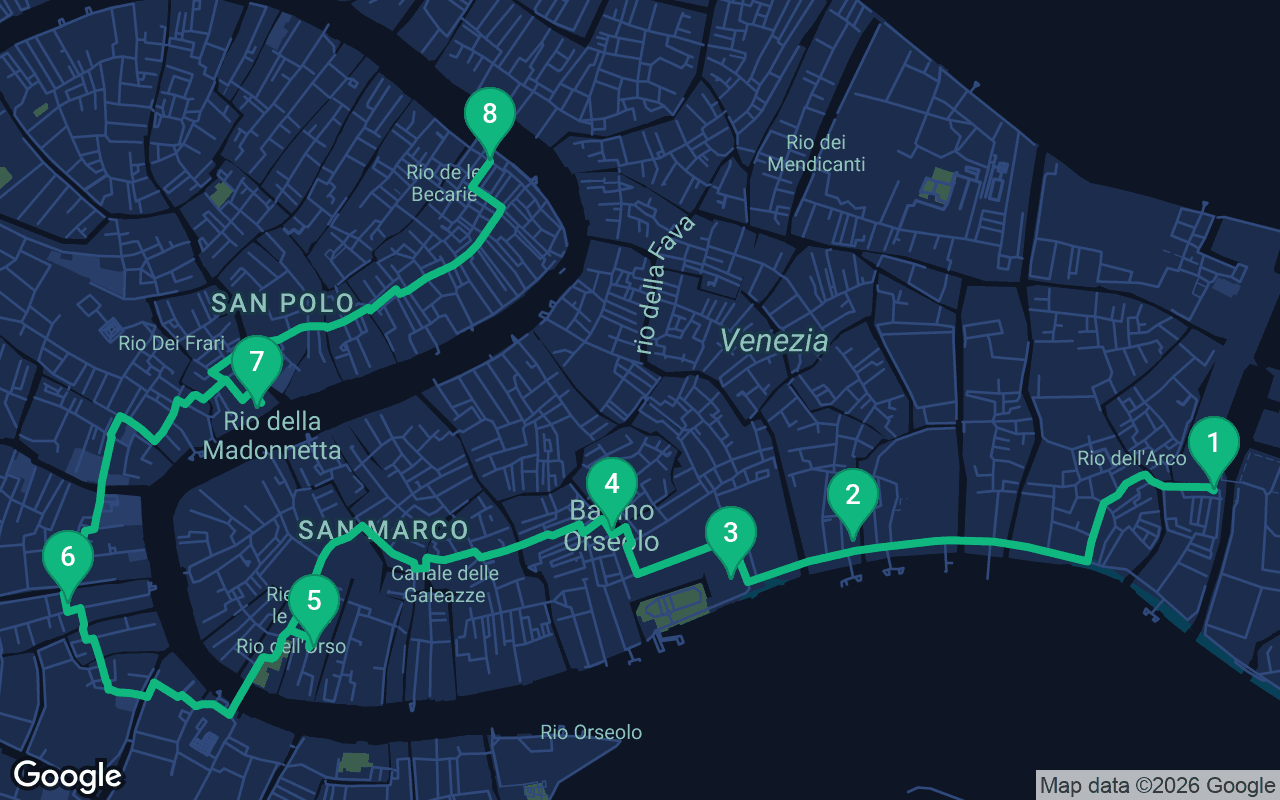 Map of the walking route through Venice, Italy