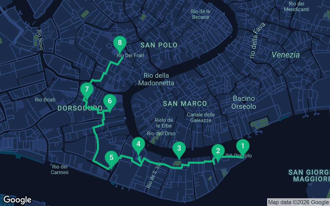 Map of the walking route through Venice, Italy