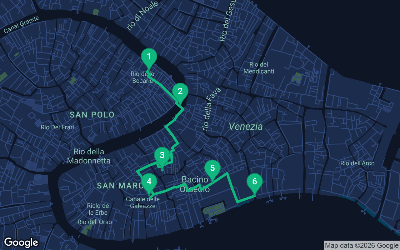 Map of the walking route through Venice, Italy