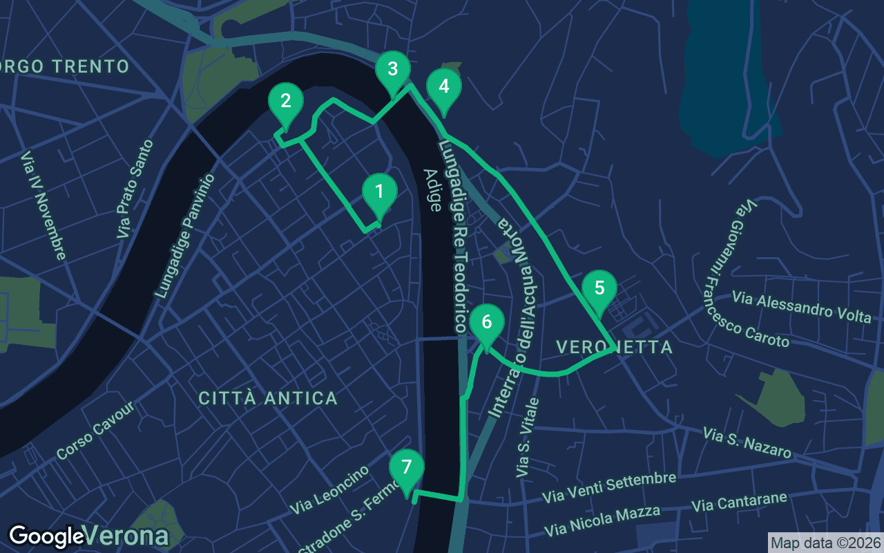 Map of the walking route through Verona, Italy
