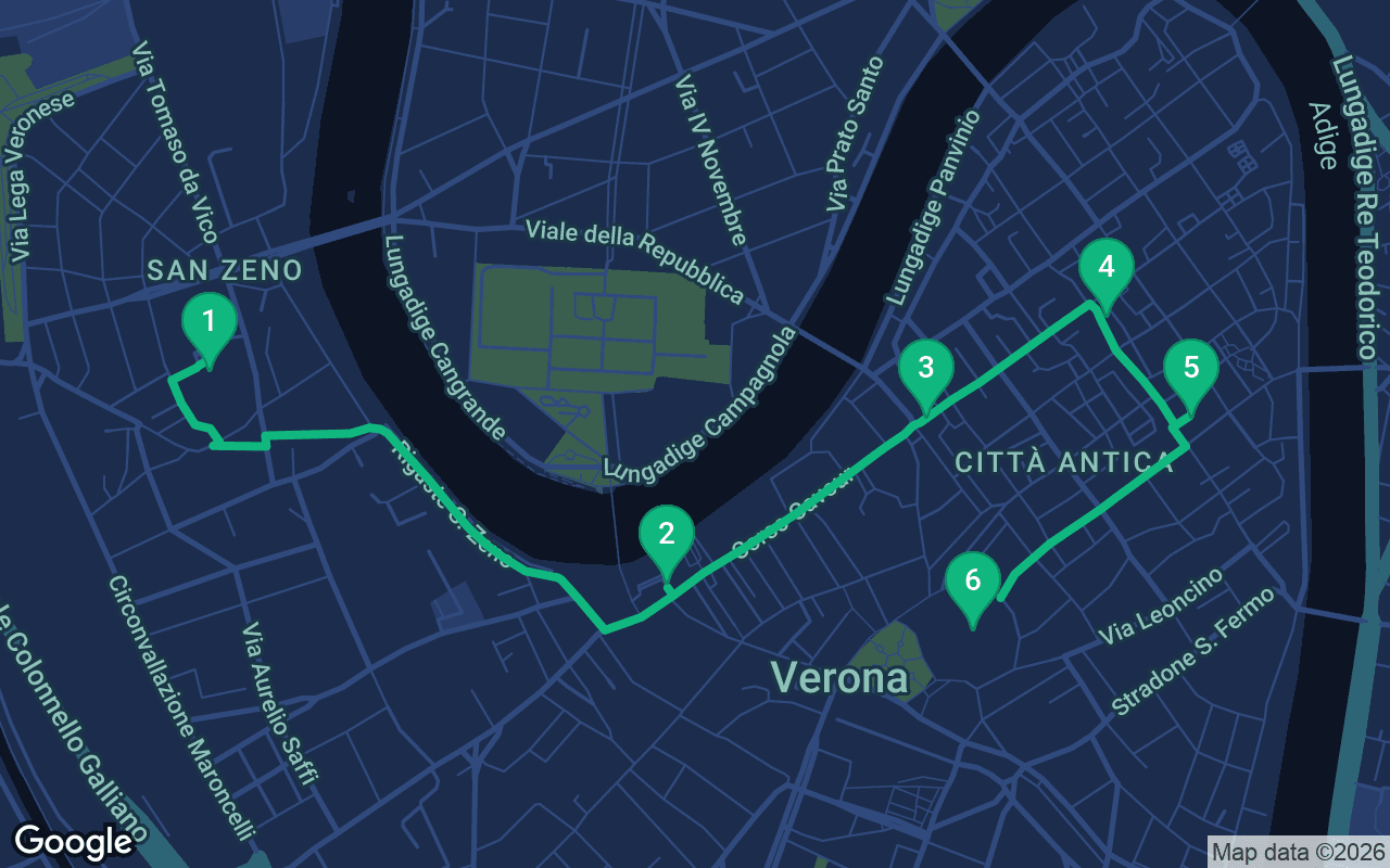 Map of the walking route through Verona, Italy
