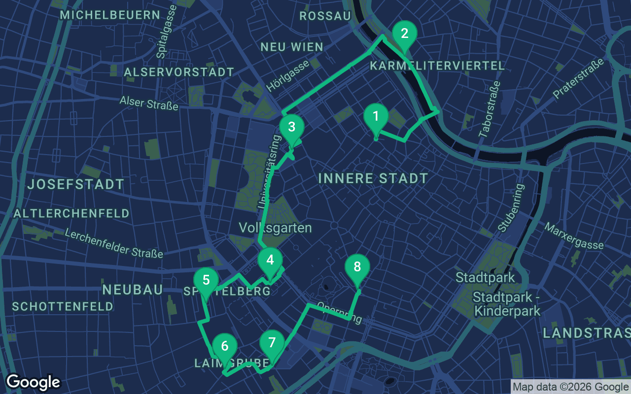 Map of the walking route through Vienna, Austria