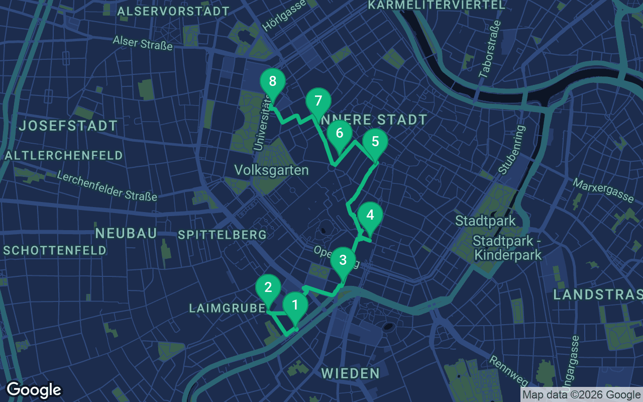 Map of the walking route through Vienna, Austria
