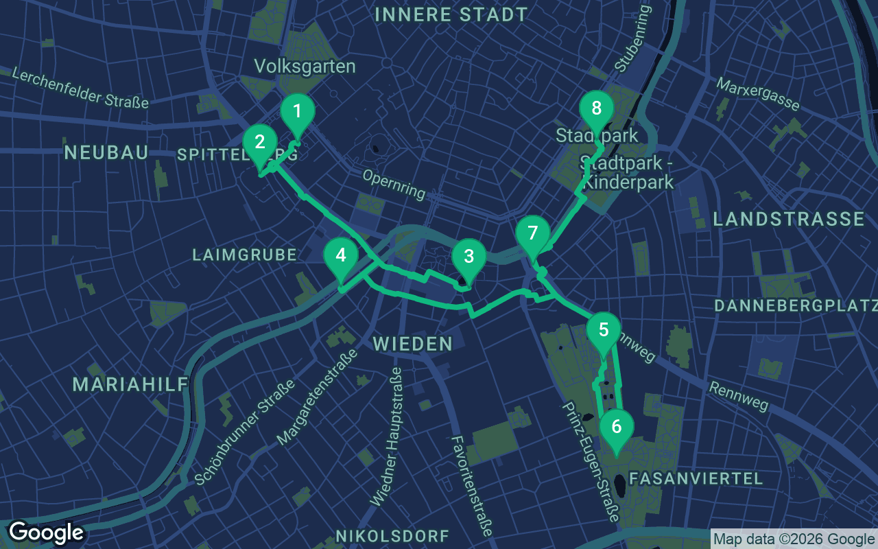 Map of the walking route through Vienna, Austria