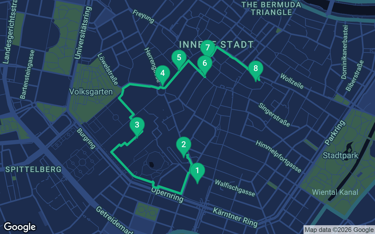 Map of the walking route through Vienna, Austria