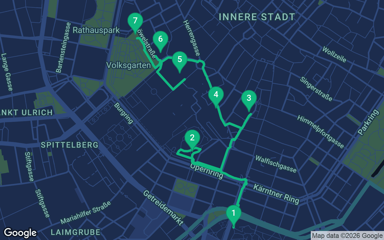 Map of the walking route through Vienna, Austria
