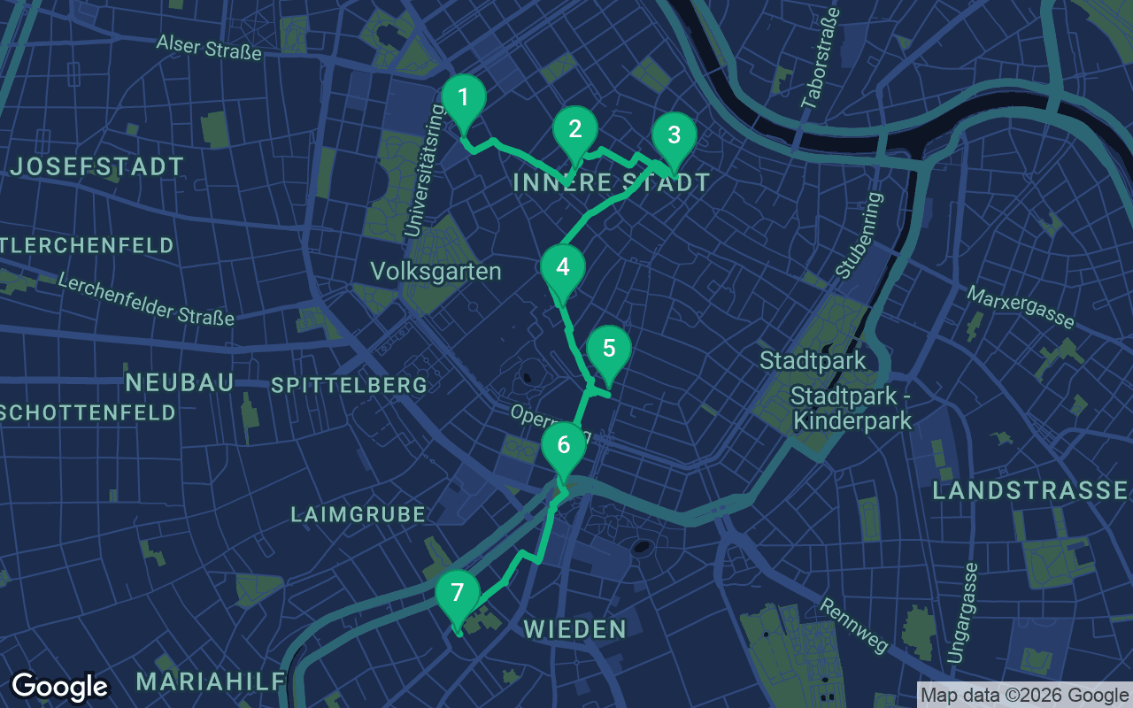 Map of the walking route through Vienna, Austria