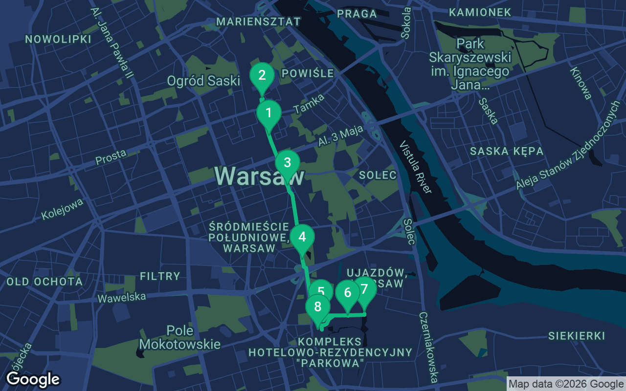 Map of the walking route through Warsaw, Poland