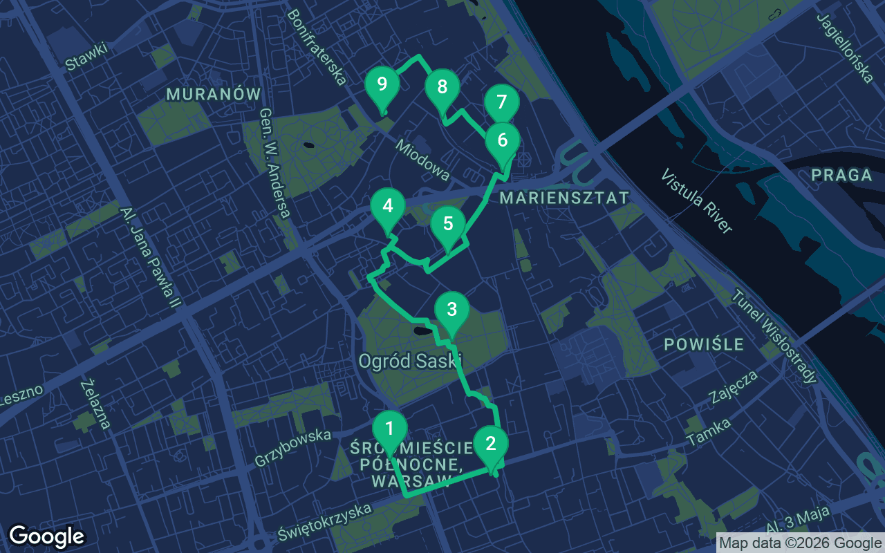 Map of the walking route through Warsaw, Poland