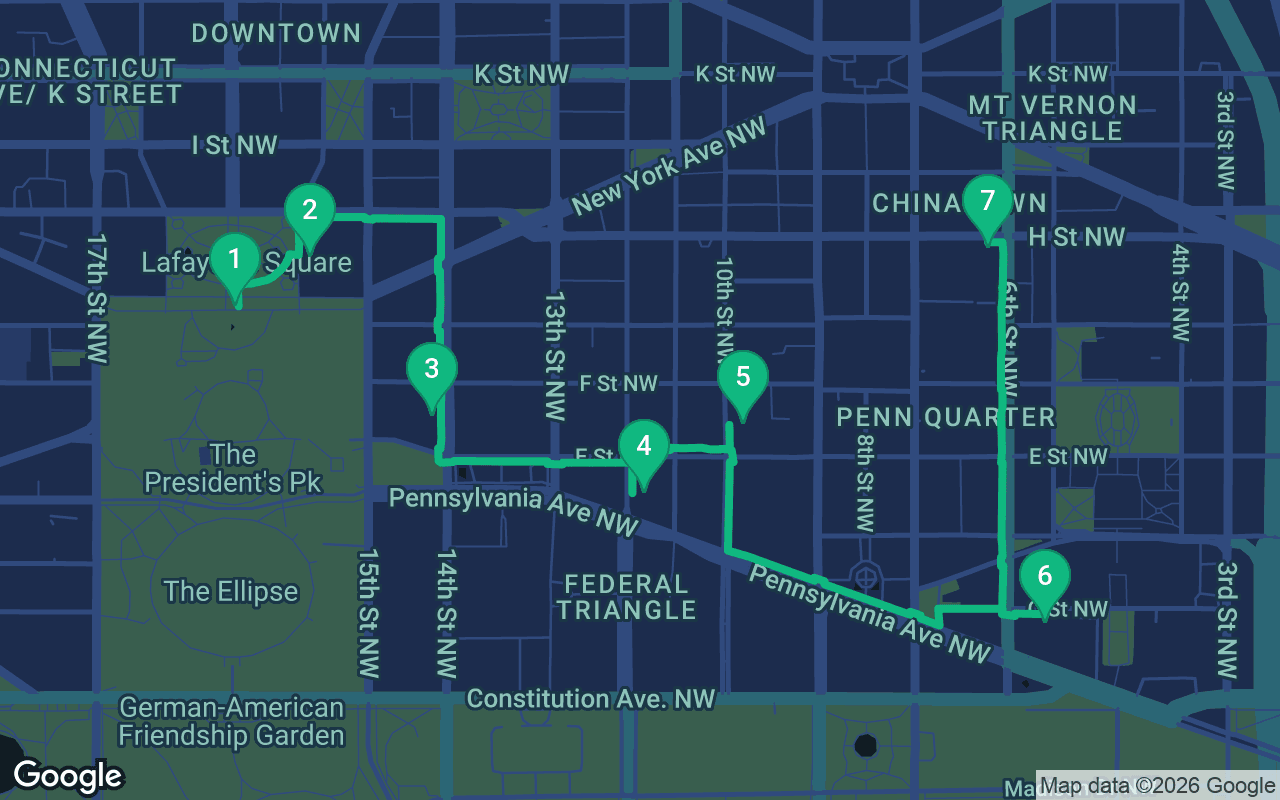 Map of the walking route through Washington DC, United States