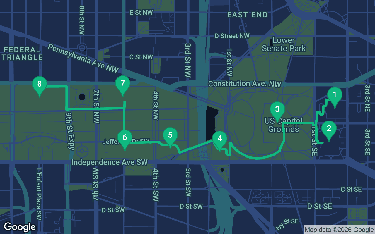 Map of the walking route through Washington DC, United States