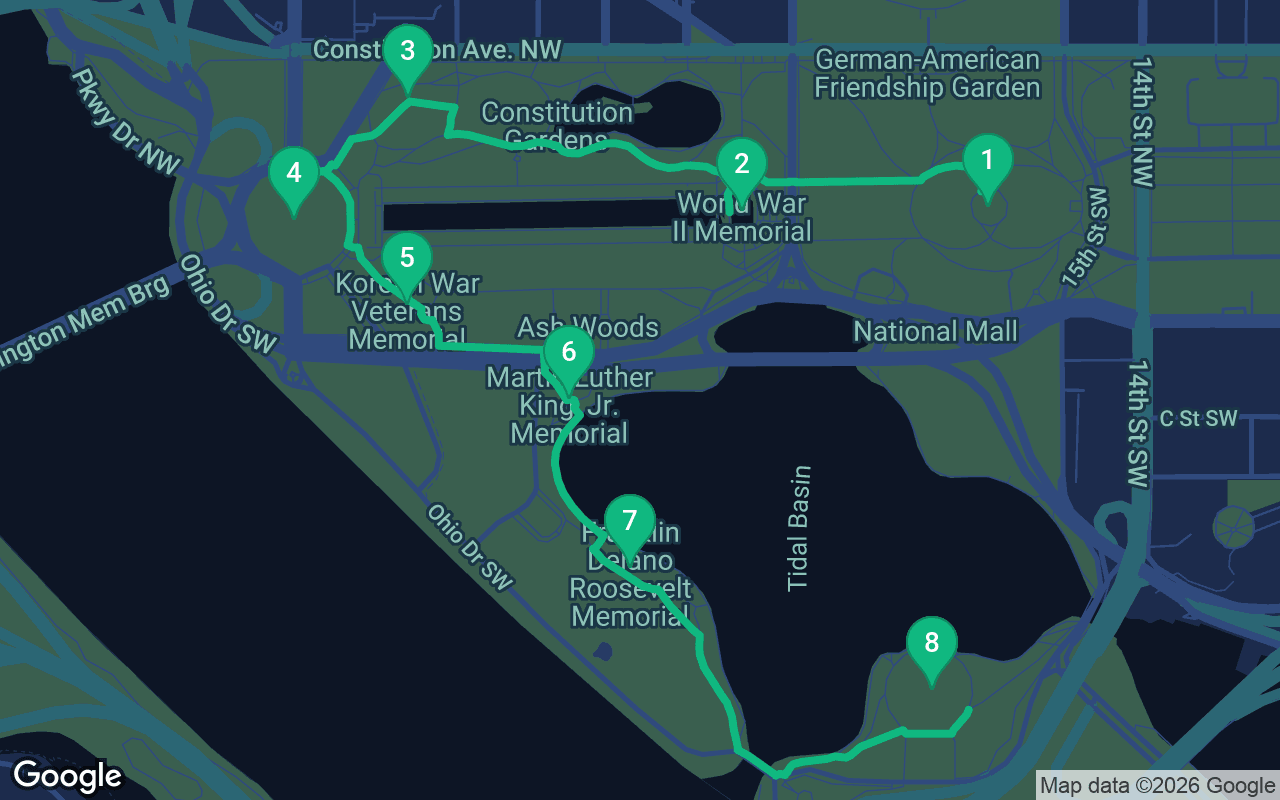 Map of the walking route through Washington DC, United States