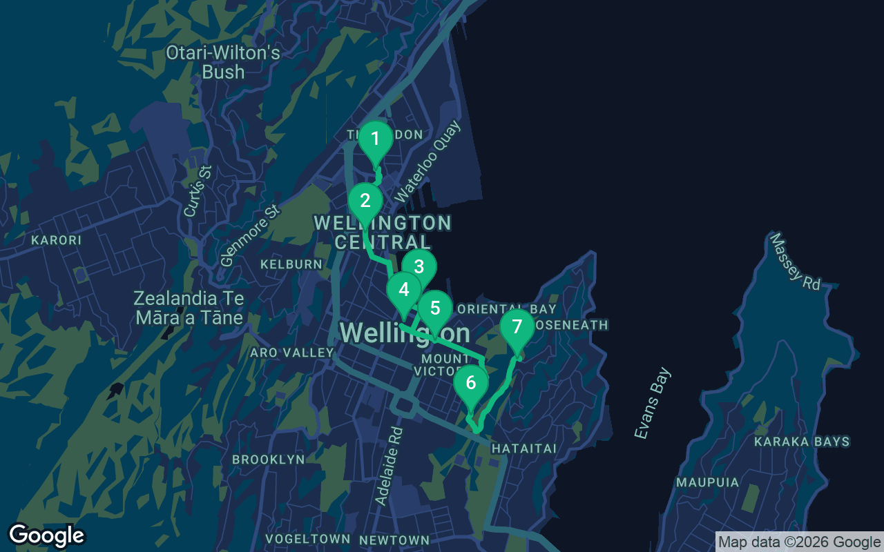 Map of the walking route through Wellington, New Zealand