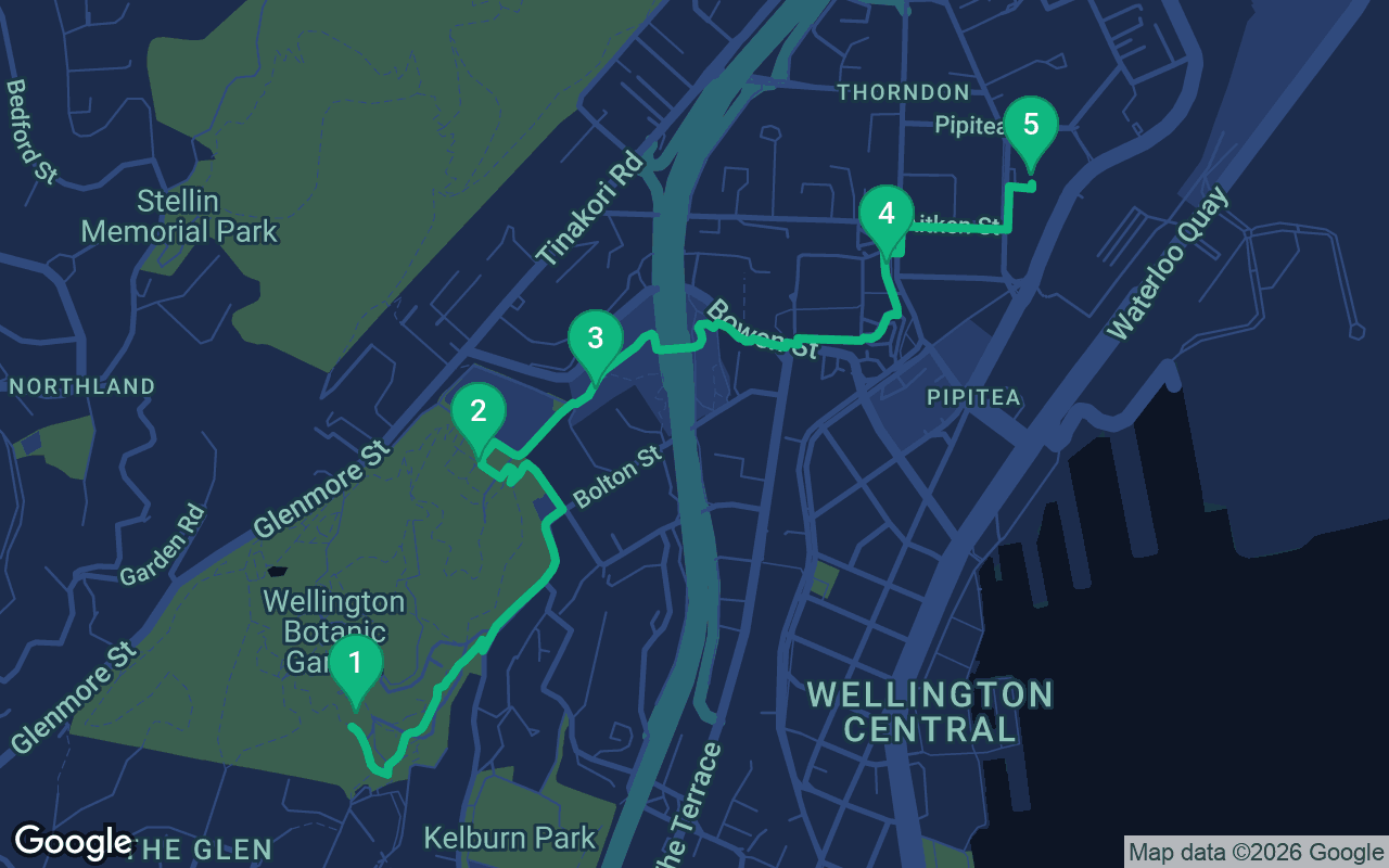 Map of the walking route through Wellington, New Zealand