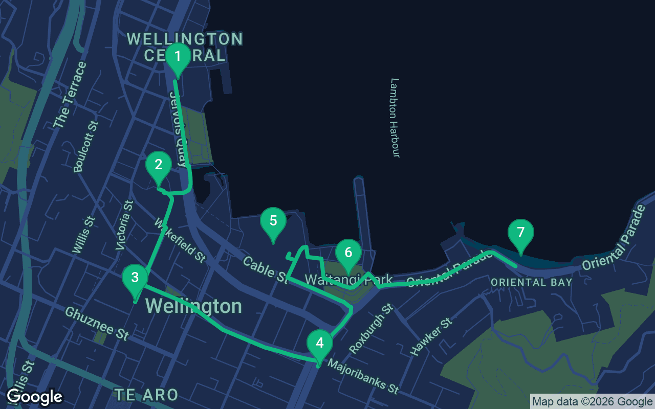 Map of the walking route through Wellington, New Zealand