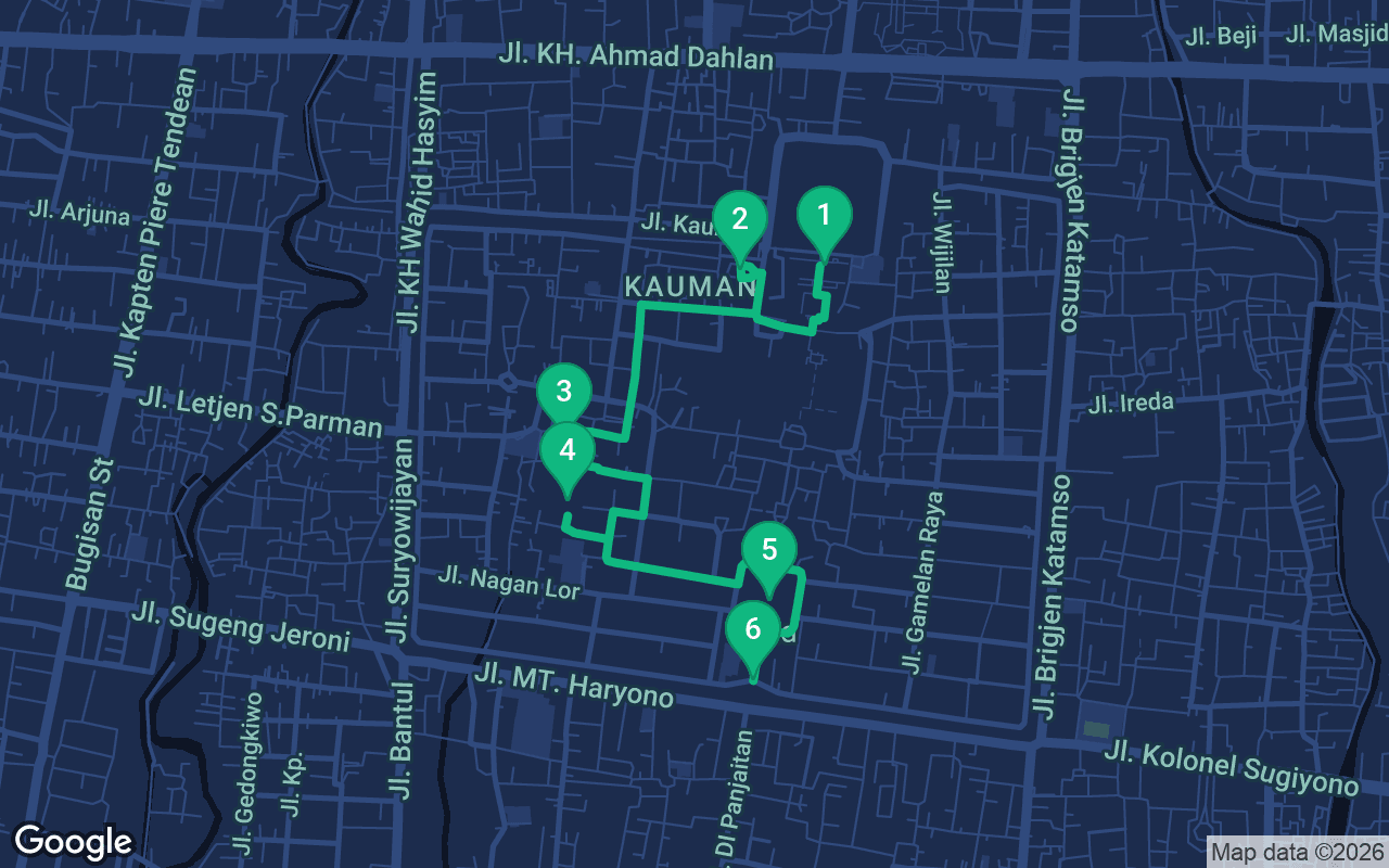 Map of the walking route through Yogyakarta, Indonesia
