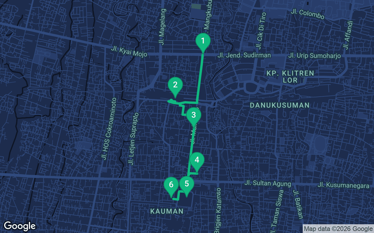 Map of the walking route through Yogyakarta, Indonesia