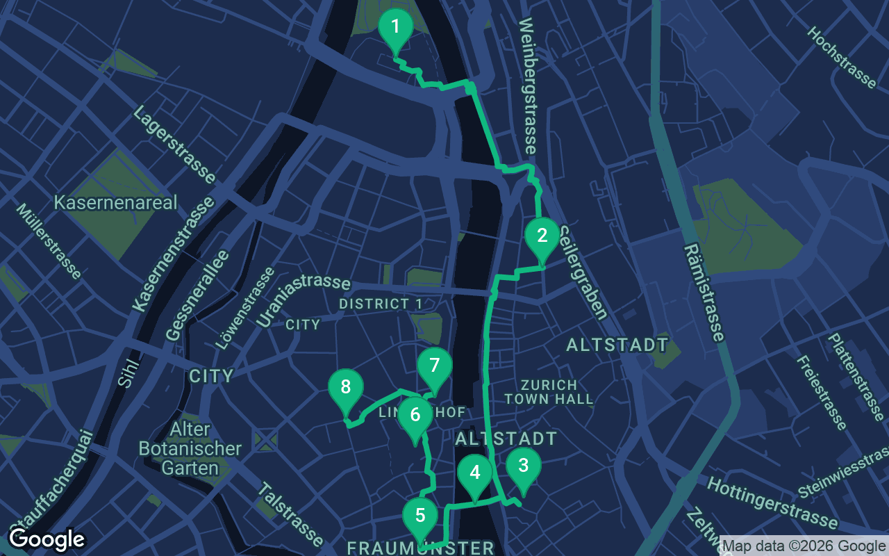 Mapa de la ruta del paseo por Zurich, Switzerland