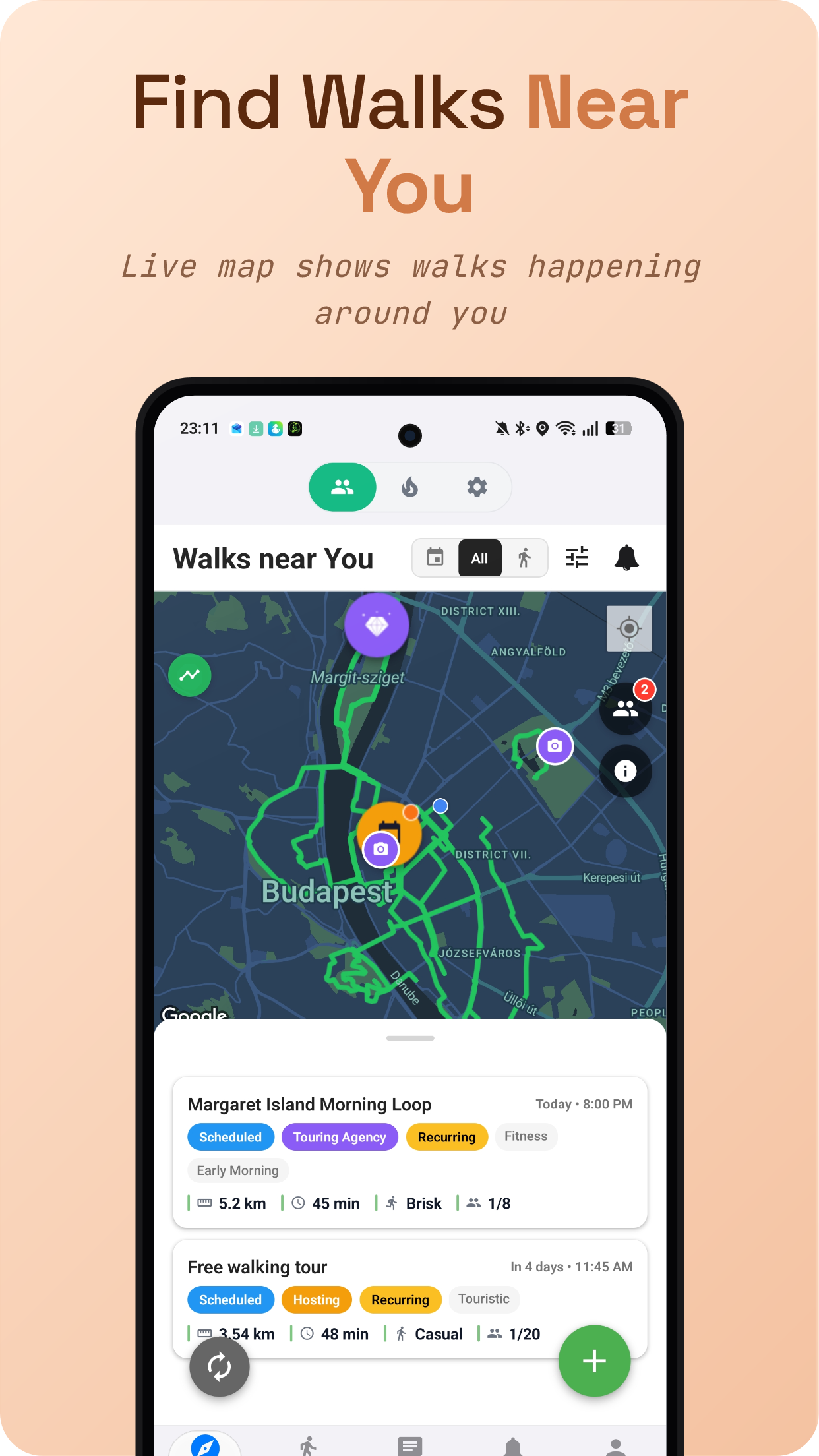 Walk With Me home screen showing live and scheduled walks nearby
