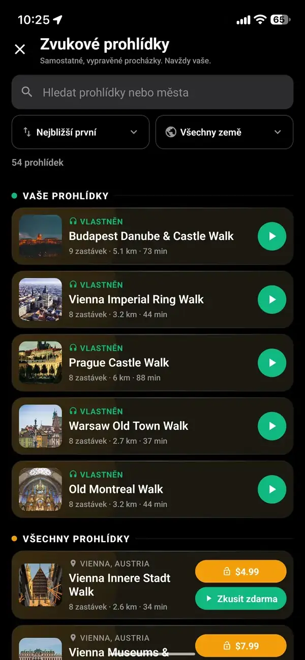 Klepněte na zlatá sluchátka a vyberte prohlídku