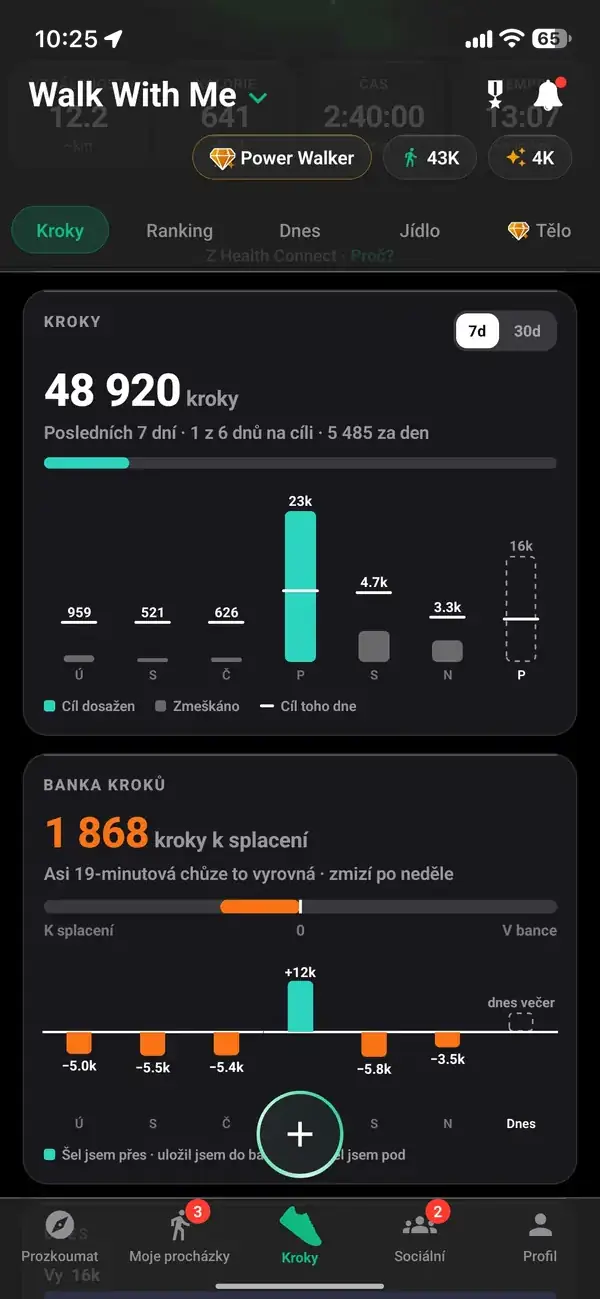 Statistiky kroků ve Walk With Me s týdenními součty, průměrem a sérií
