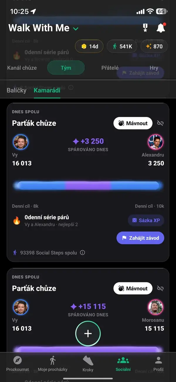 Dva parťáci na chození sdílející sérii a sedmidenní závod v počtu kroků