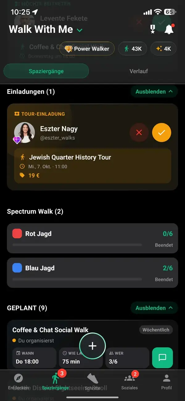 Der Tab „Meine Walks“ mit geplanten Spaziergängen und Beitrittsanfragen