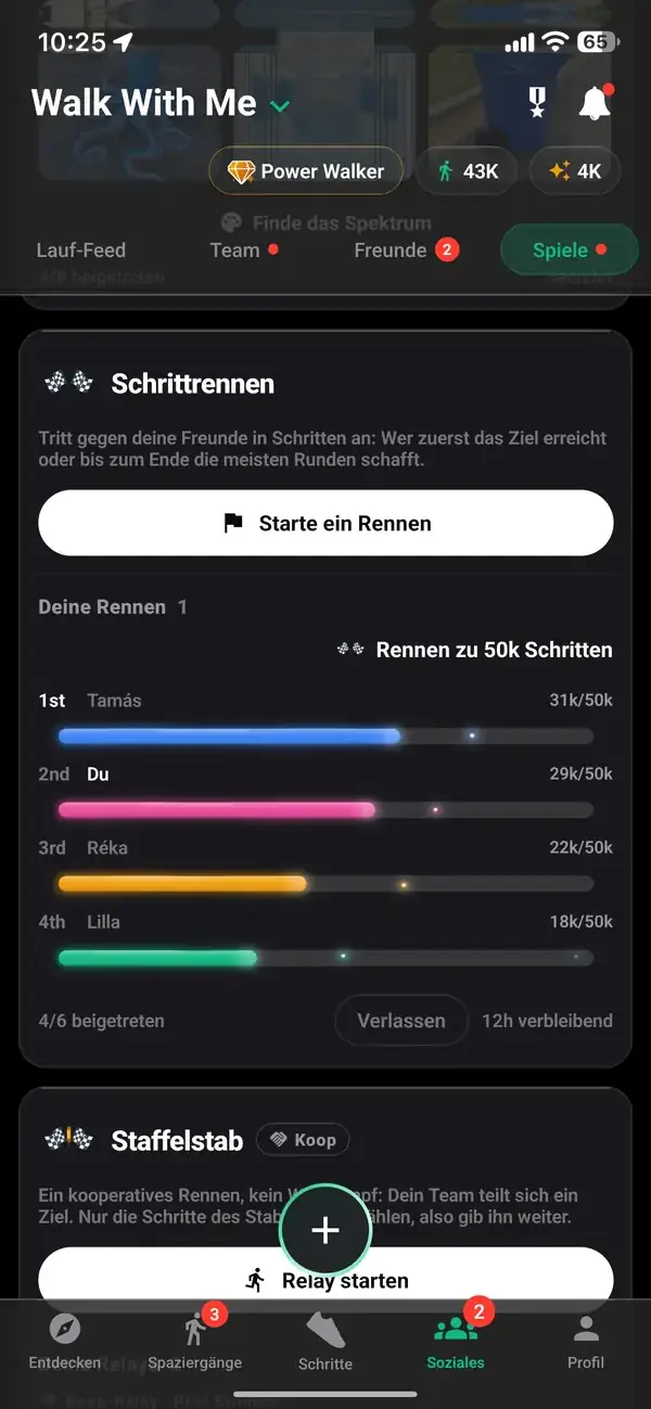 Ein Rennen um 50.000 Schritte zwischen Freunden, mit dir an zweiter Stelle