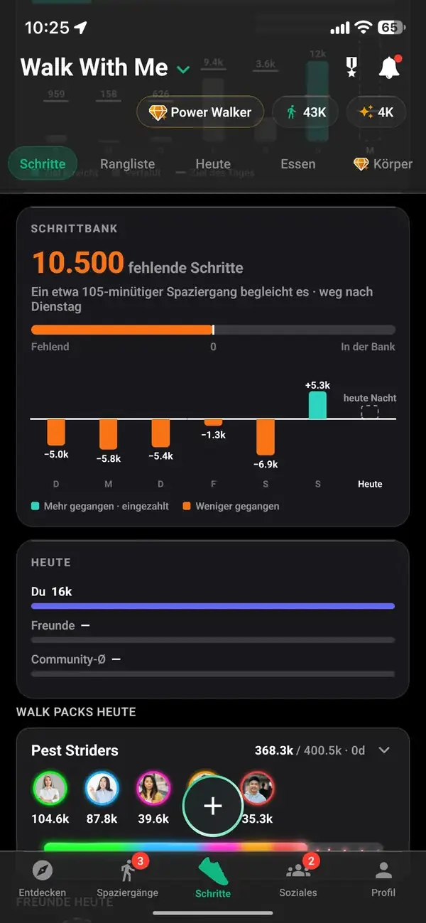 Schritthistorie mit täglichen und wöchentlichen Summen