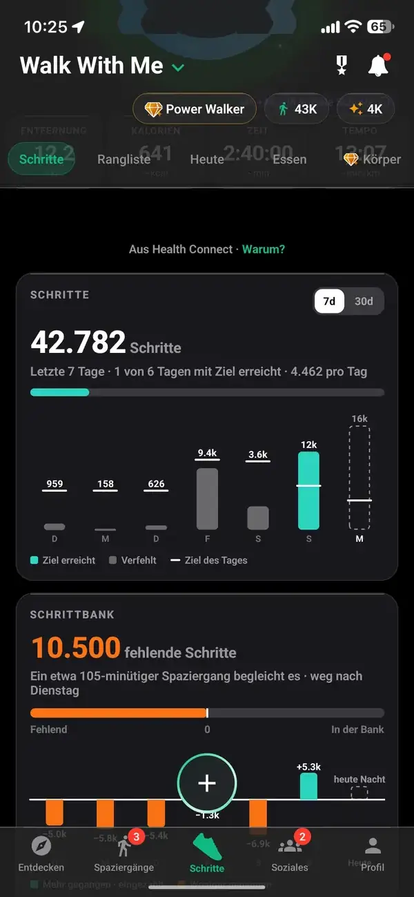 Walk With Me Schritt-Statistiken mit wöchentlichen Gesamtwerten, Durchschnitt und Streak